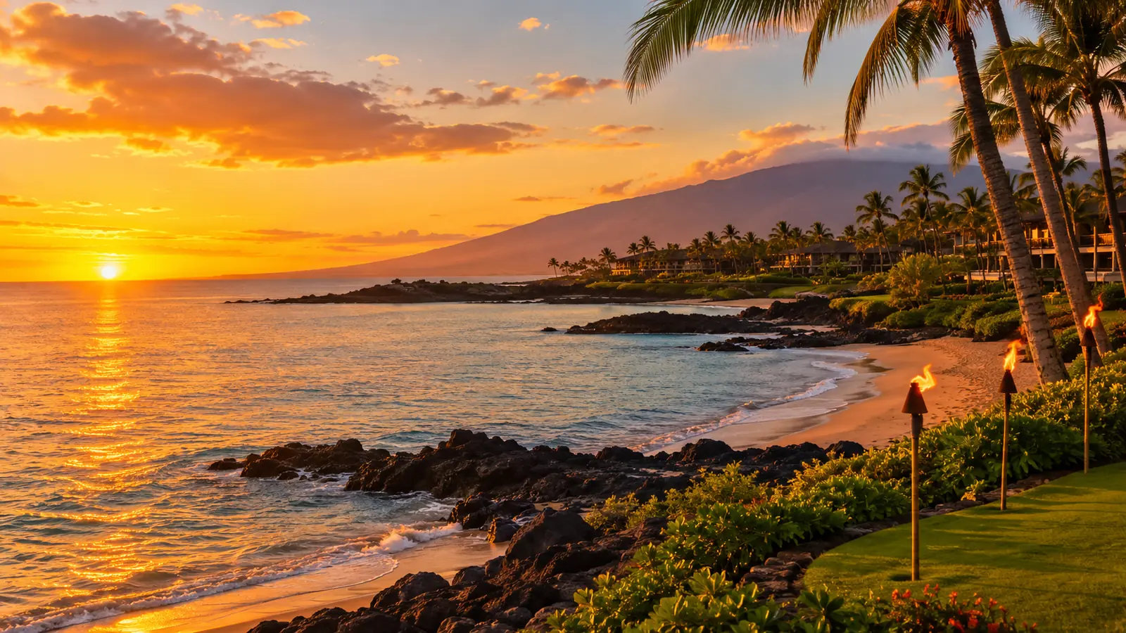 Côte de Wailea à l'heure dorée avec des palmiers et des torches tiki allumées