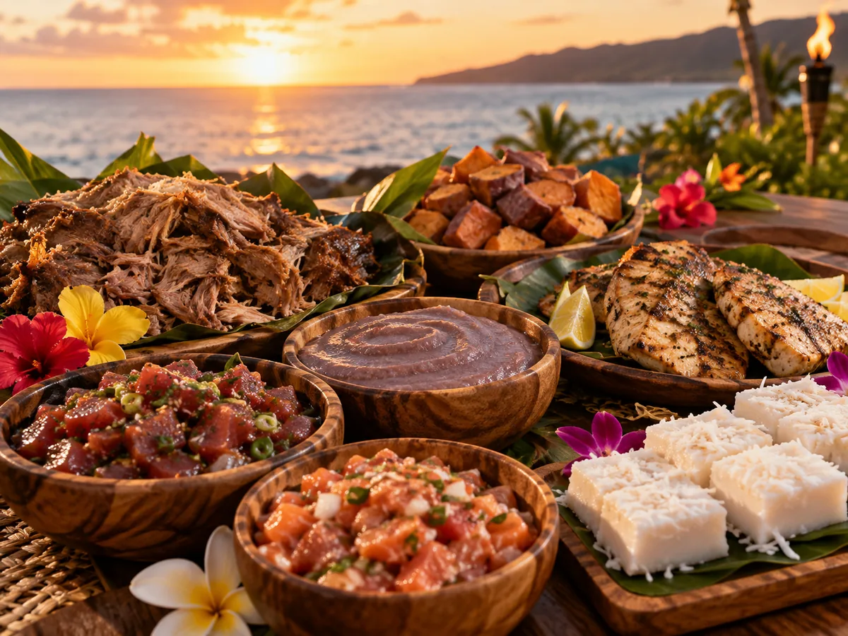 Plats hawaïens de luau servis à table, à partager sur une table de resort