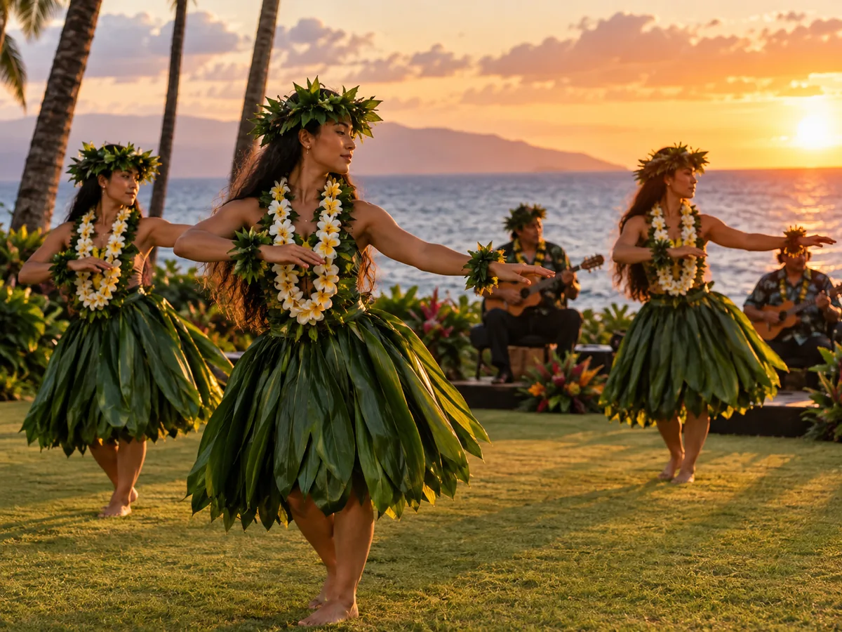 Danseuses de hula en jupes de feuilles de ti se produisant au bord de l'océan au coucher du soleil