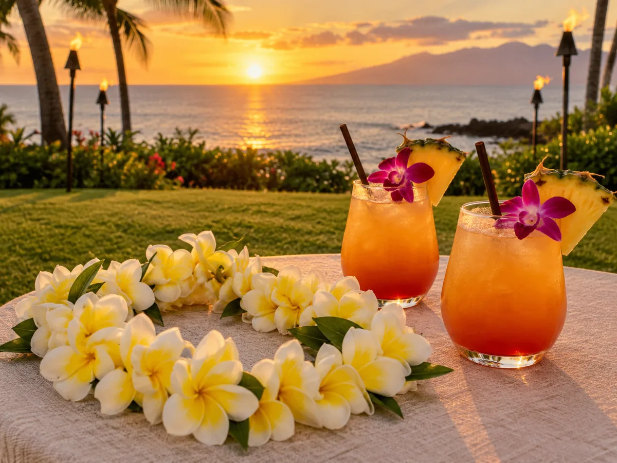 Leis de frangipanier et cocktails mai tai sur une table de luau en bord de mer