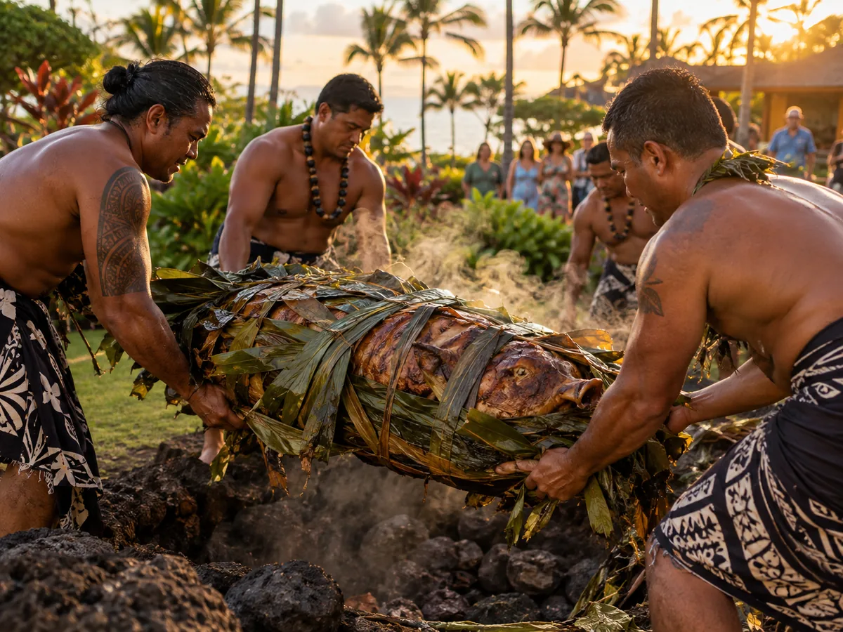 Cochon rôti sorti d'un four imu souterrain lors d'un luau hawaïen