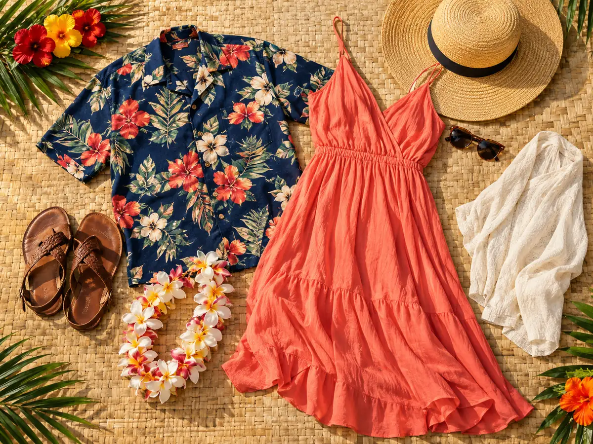 Chemise hawaïenne, robe d'été, sandales et un lei disposés pour un luau