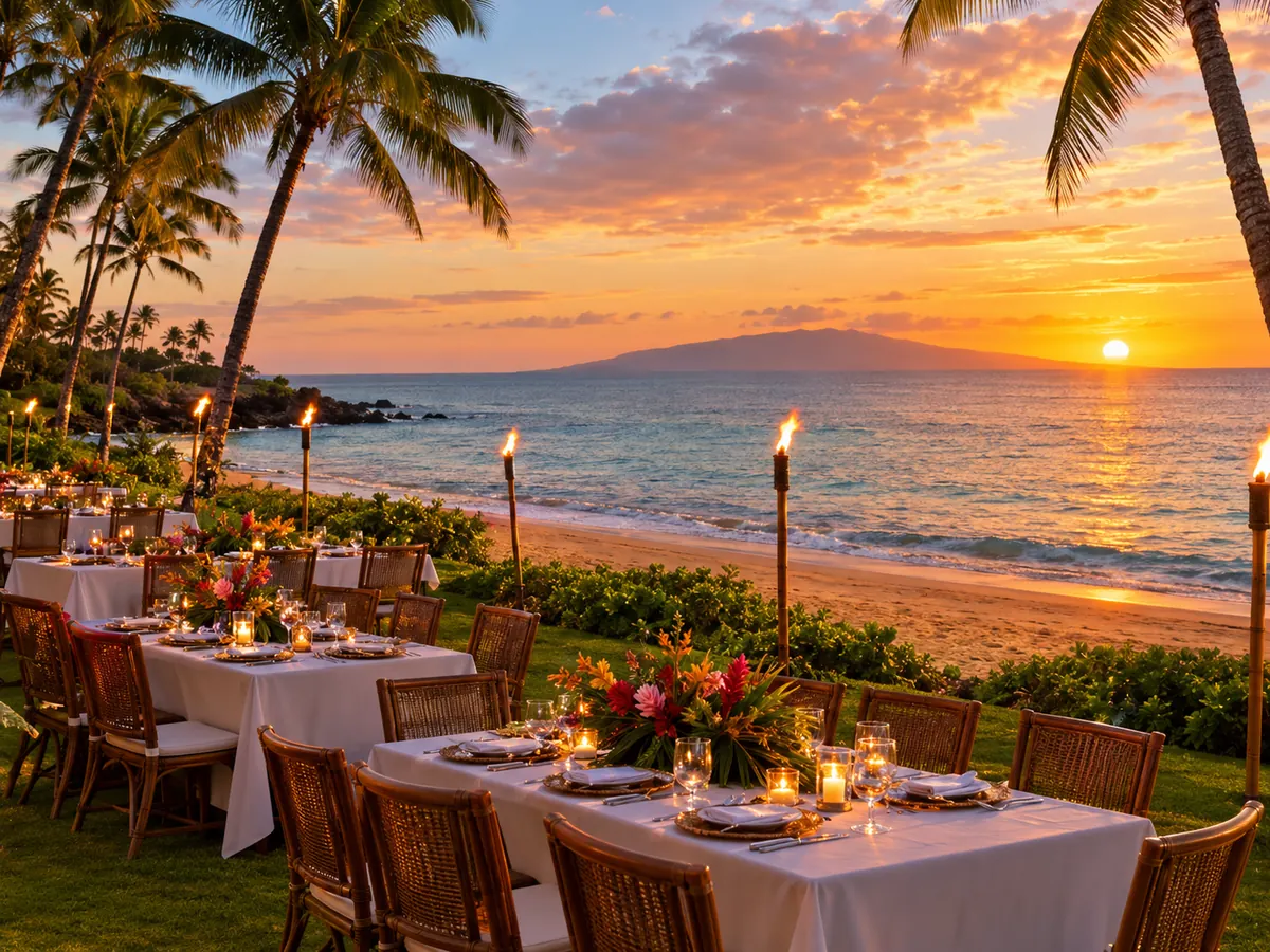 Tables de luau et torches tiki sur une pelouse au-dessus de Wailea Beach au coucher du soleil