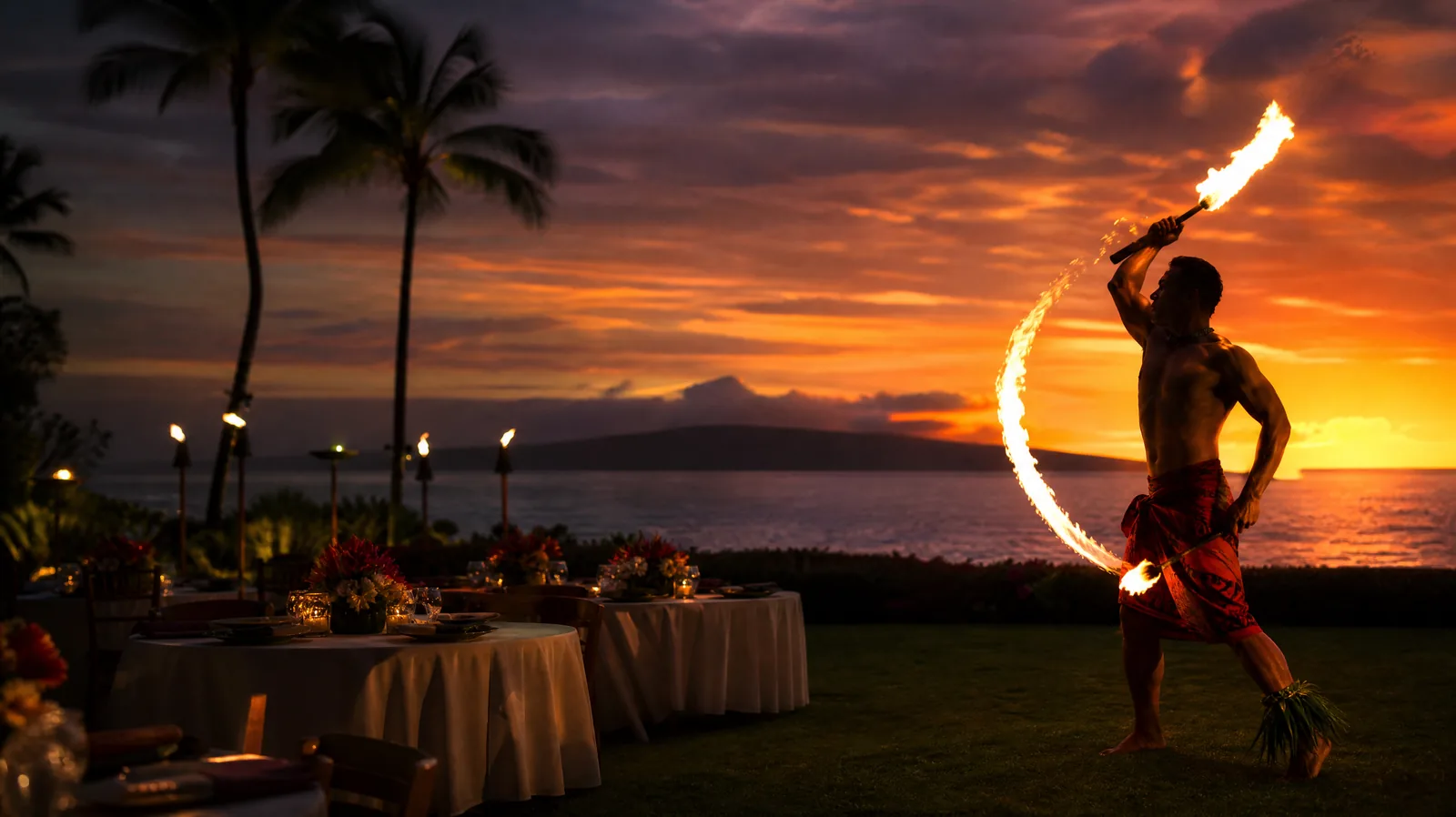 Danseur de couteau de feu lors d'un luau en bord de mer à Wailea, Maui, au coucher du soleil